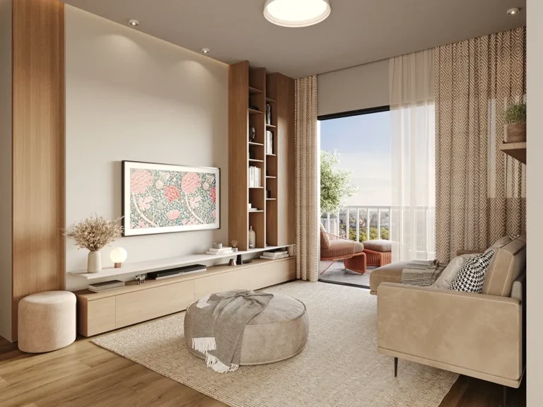 Visualização 3D de sala de estar com sofá em L e painel de madeira