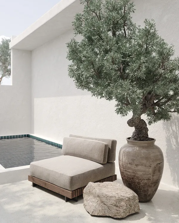 Render 3D de área externa com poltrona, vaso decorativo e iluminação natural