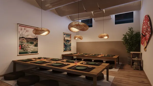 Visualização 3D de sala de jantar com pendentes modernos e mesa de madeira